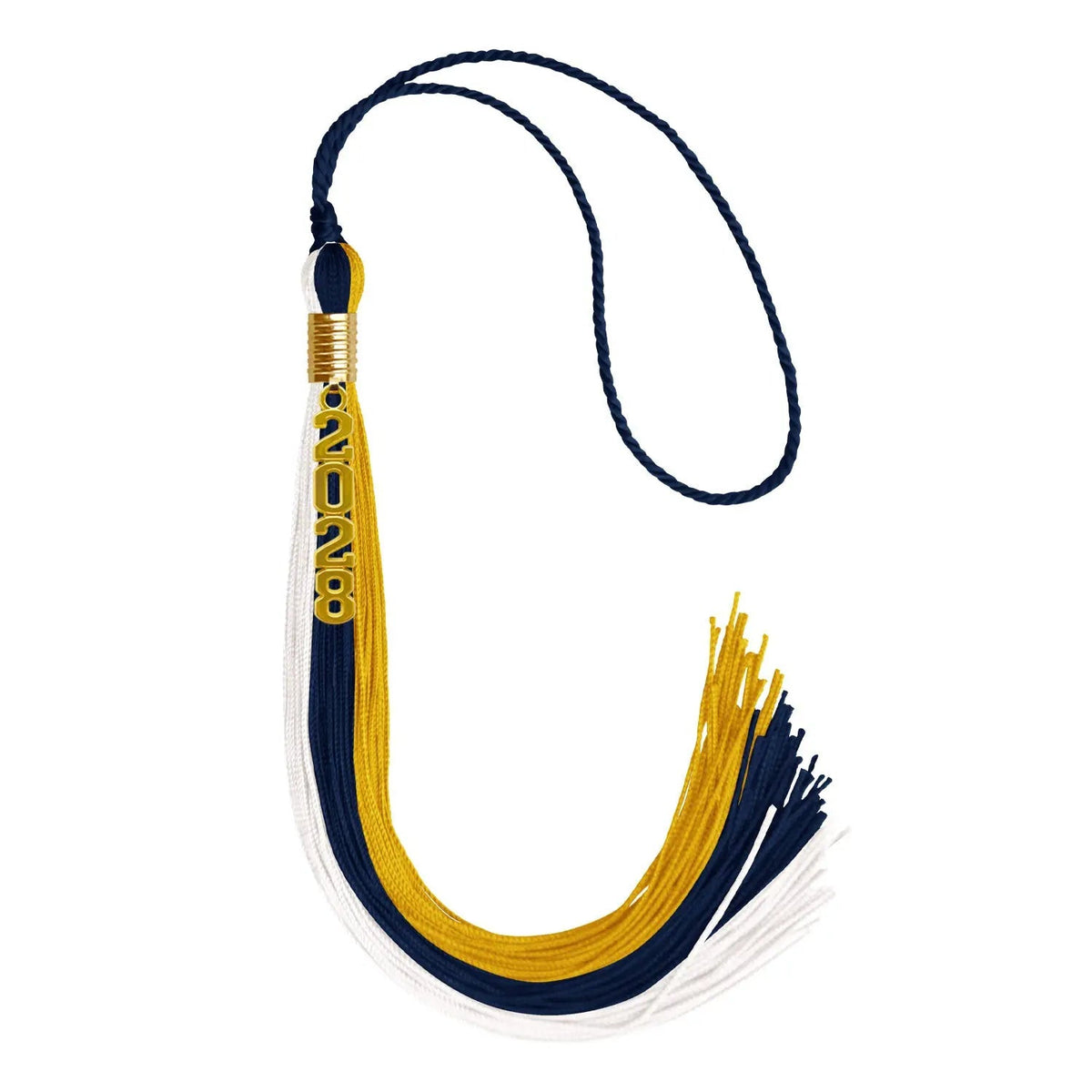 Navy Blue/Gold/White Graduation Tassel with Gold Stacked Date Drop - Endea Graduation