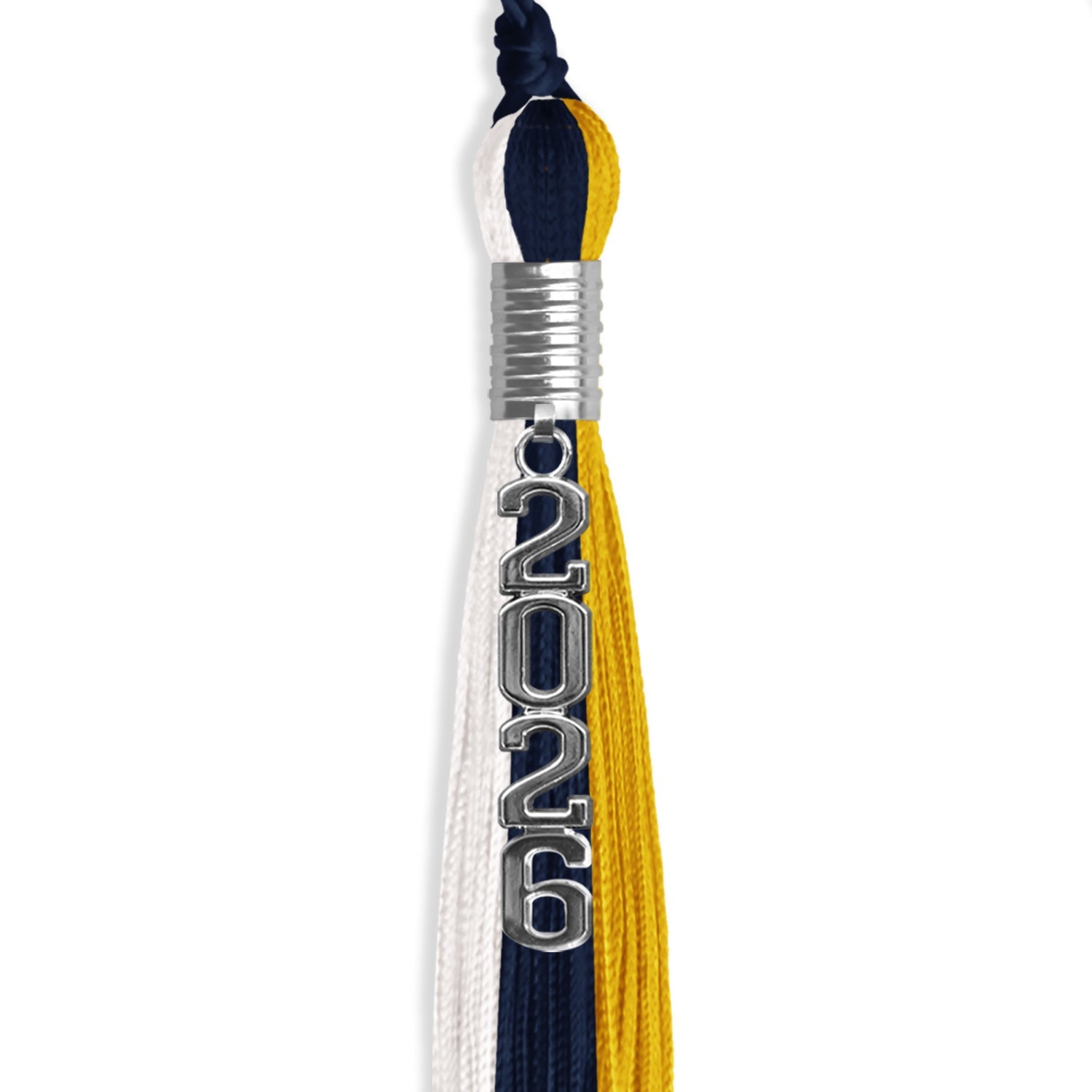 Navy Blue/Gold/White Graduation Tassel with Silver Stacked Date Drop - Endea Graduation