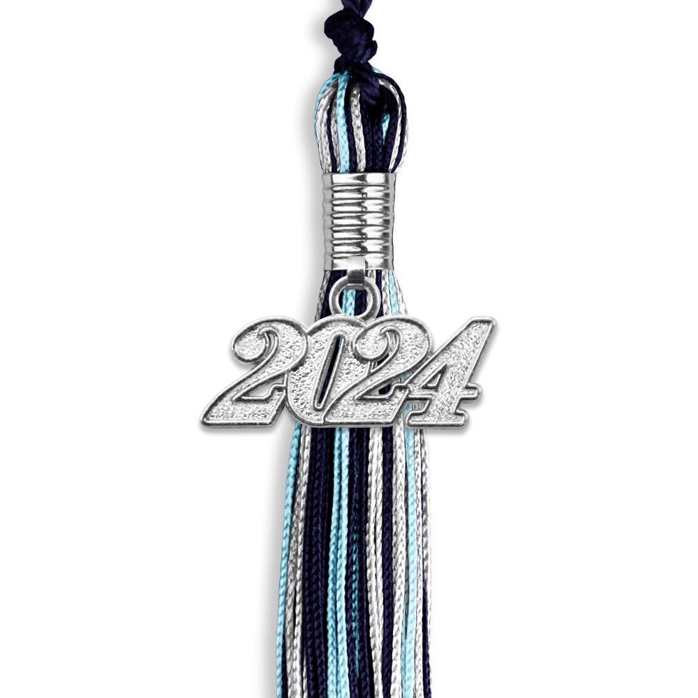 Navy Blue/Light Blue/Silver Mixed Color Graduation Tassel with Silver Date Drop - Endea Graduation