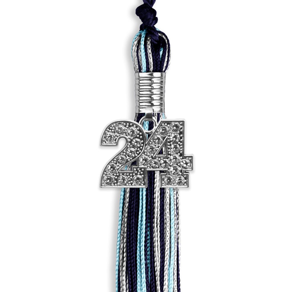 Navy Blue/Light Blue/Silver Mixed Color Graduation Tassel with Silver Date Drop - Endea Graduation