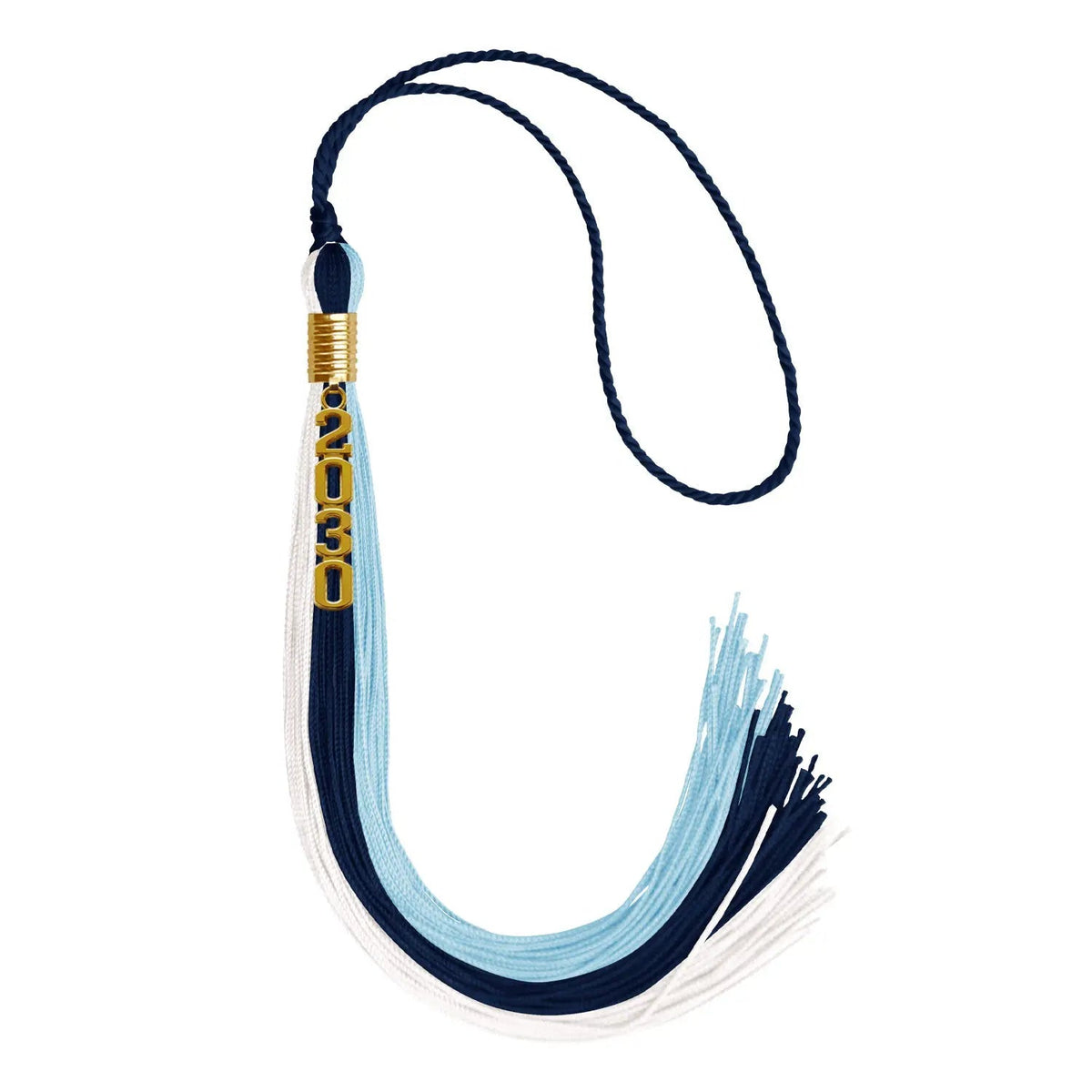 Navy Blue/Light Blue/White Graduation Tassel with Gold Stacked Date Drop - Endea Graduation