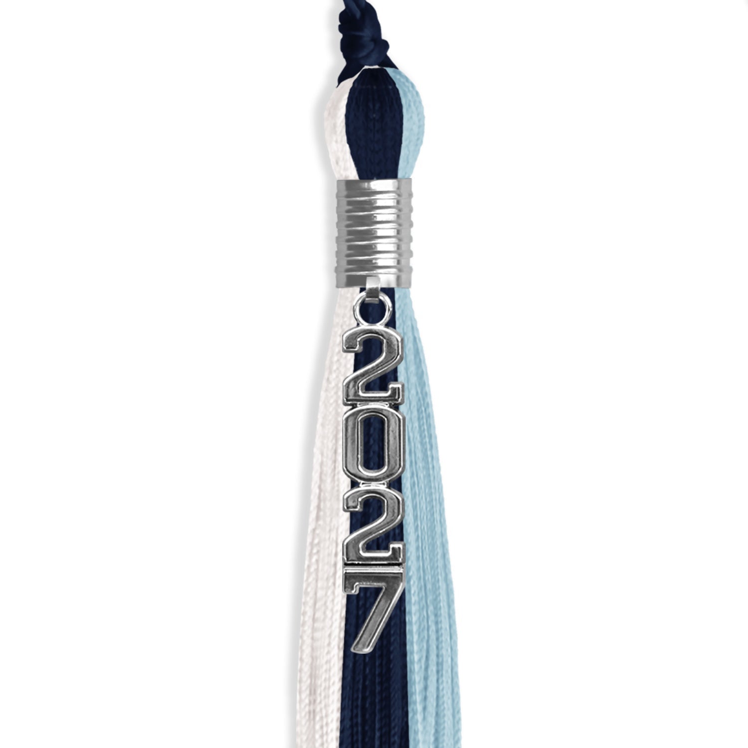 Navy Blue/Light Blue/White Graduation Tassel with Silver Stacked Date Drop - Endea Graduation