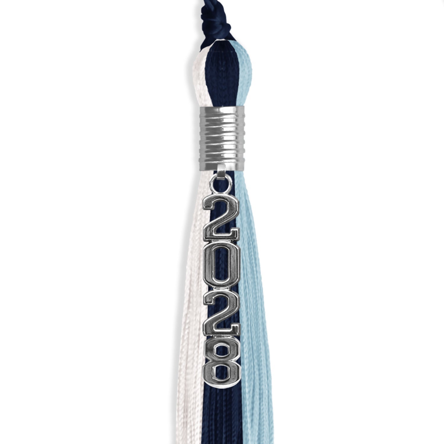 Navy Blue/Light Blue/White Graduation Tassel with Silver Stacked Date Drop - Endea Graduation