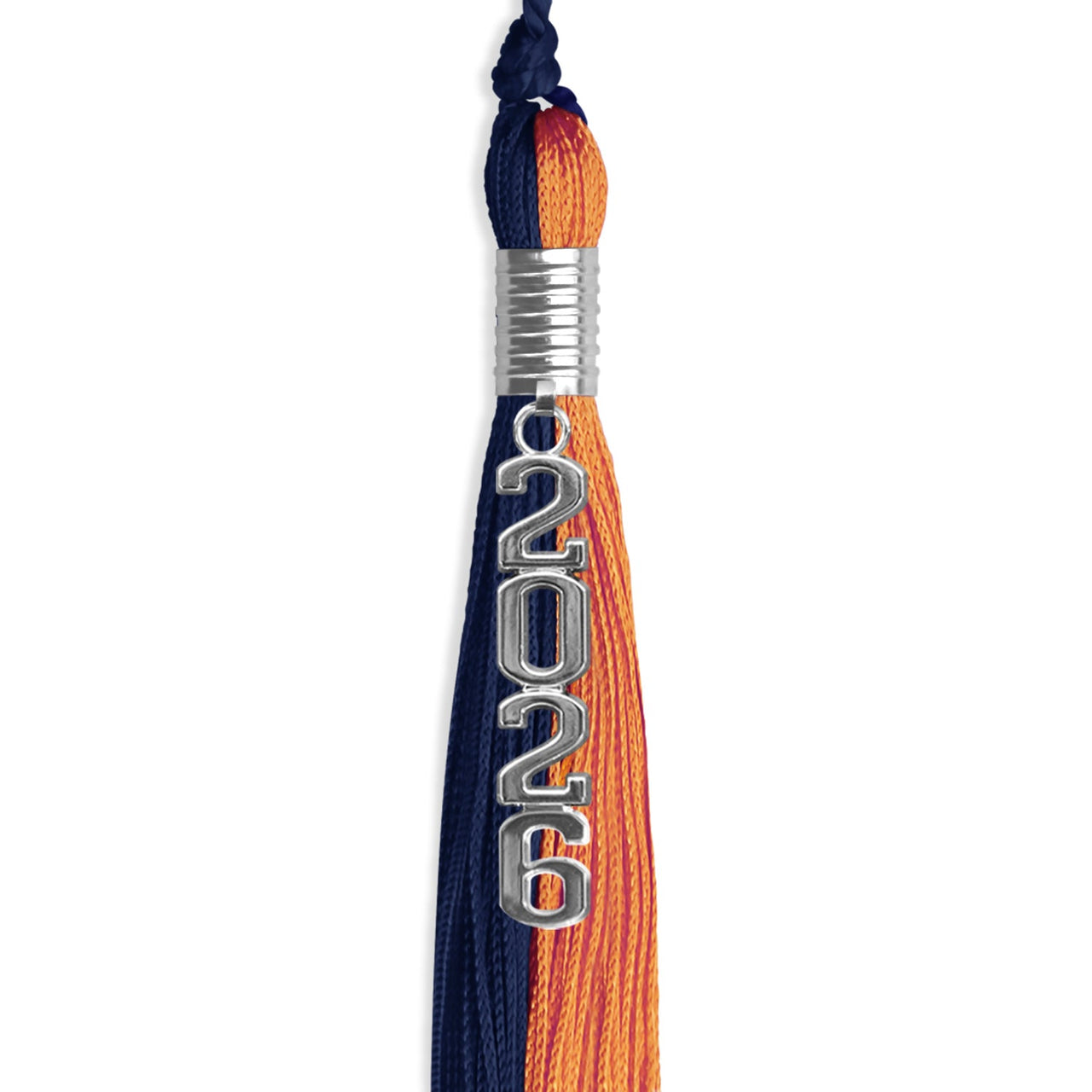 Navy Blue/Orange Graduation Tassel with Silver Stacked Date Drop - Endea Graduation