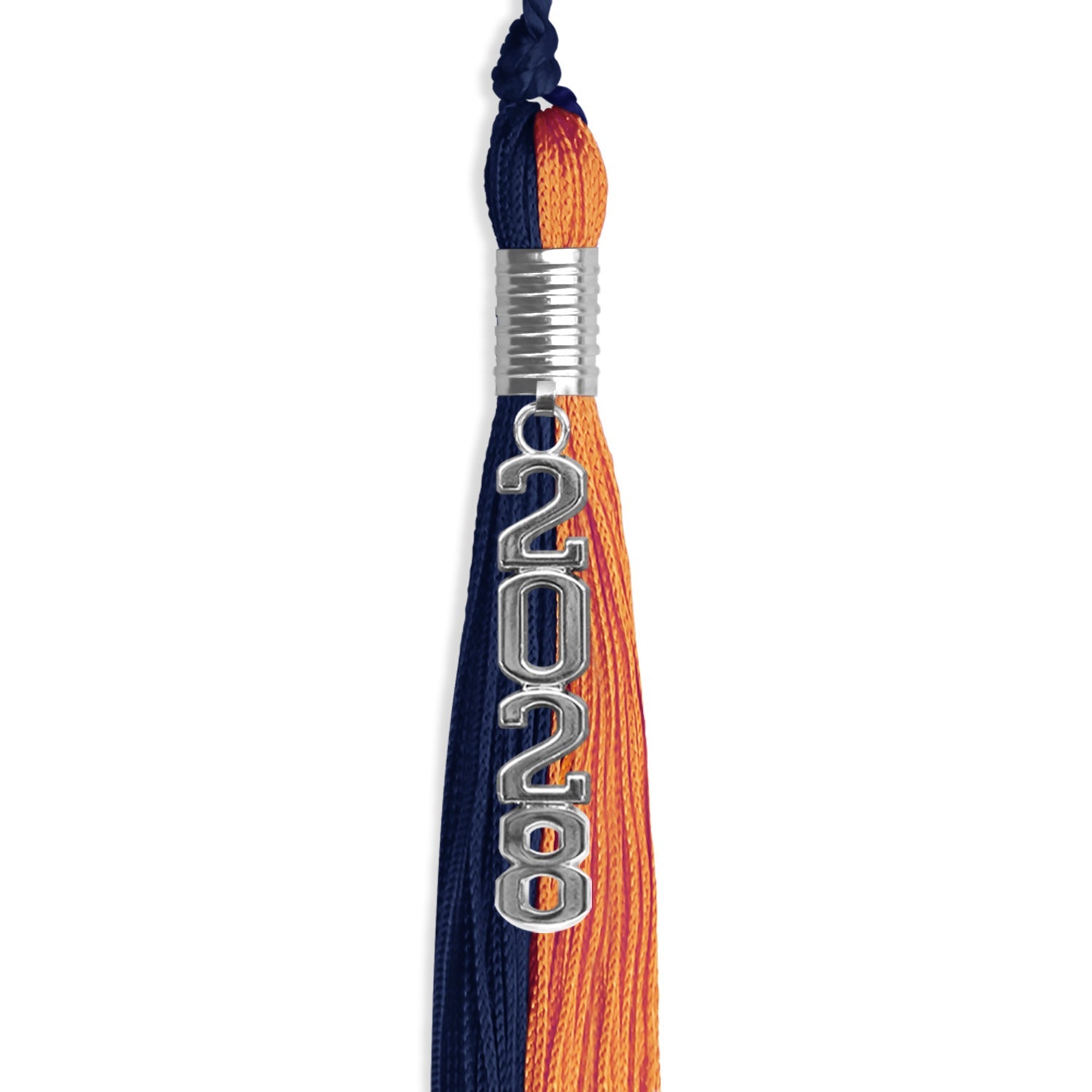 Navy Blue/Orange Graduation Tassel with Silver Stacked Date Drop - Endea Graduation