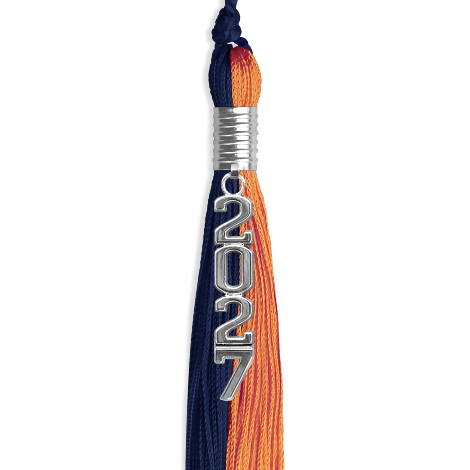 Navy Blue/Orange Graduation Tassel with Silver Stacked Date Drop - Endea Graduation