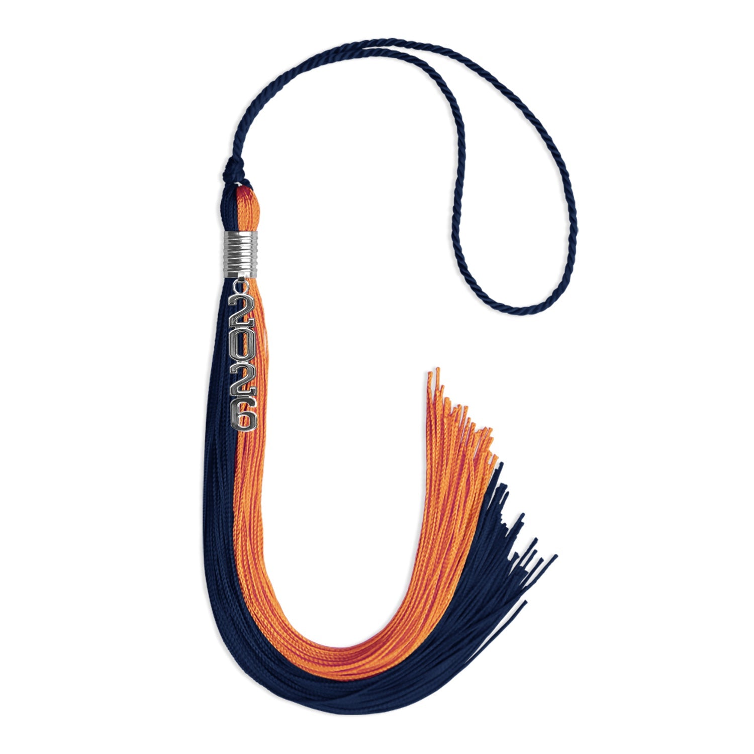 Navy Blue/Orange Graduation Tassel with Silver Stacked Date Drop - Endea Graduation