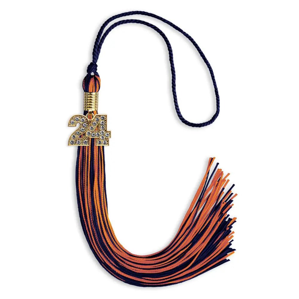 Navy Blue/Orange Mixed Color Graduation Tassel with Gold Bling Charm - Endea Graduation