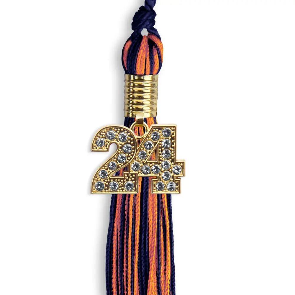 Navy Blue/Orange Mixed Color Graduation Tassel with Gold Bling Charm - Endea Graduation