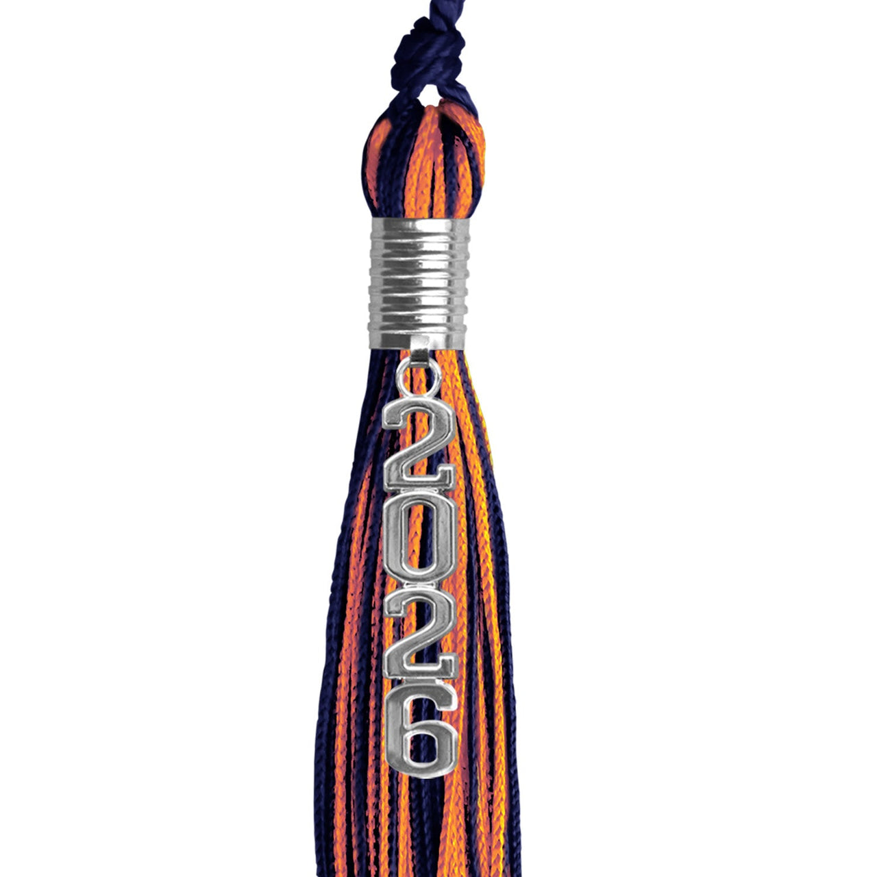 Navy Blue/Orange Mixed Color Graduation Tassel with Stacked Silver Date Drop - Endea Graduation
