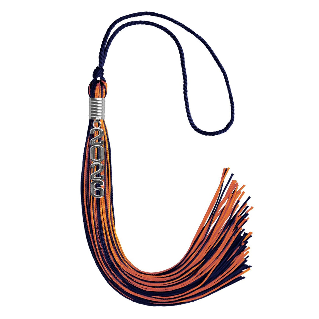 Navy Blue/Orange Mixed Color Graduation Tassel with Stacked Silver Date Drop - Endea Graduation