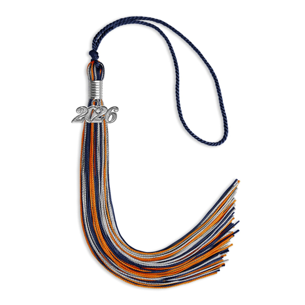 Navy Blue/Orange/Silver Mixed Color Graduation Tassel with Silver Date Drop - Endea Graduation