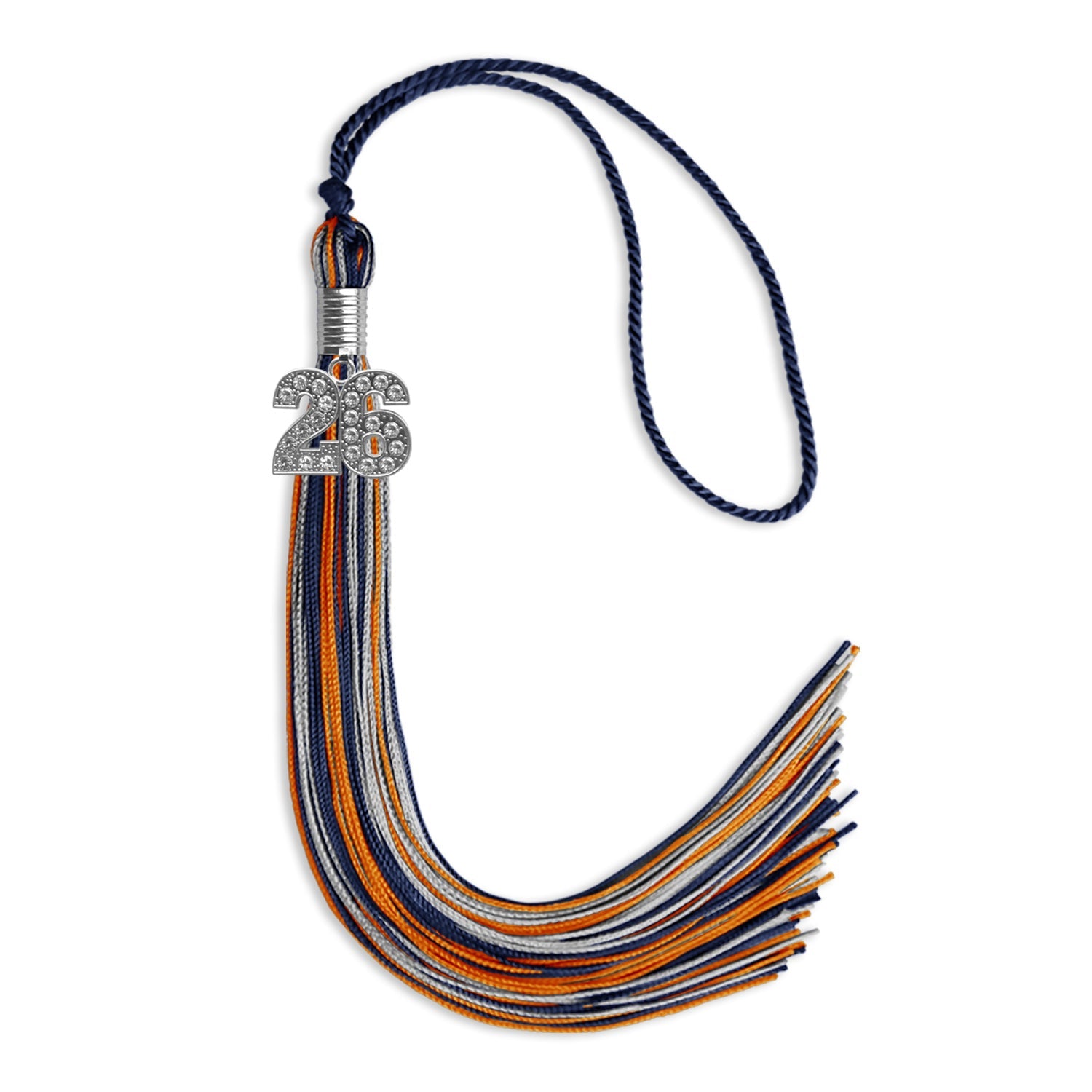 Navy Blue/Orange/Silver Mixed Color Graduation Tassel with Silver Date Drop - Endea Graduation