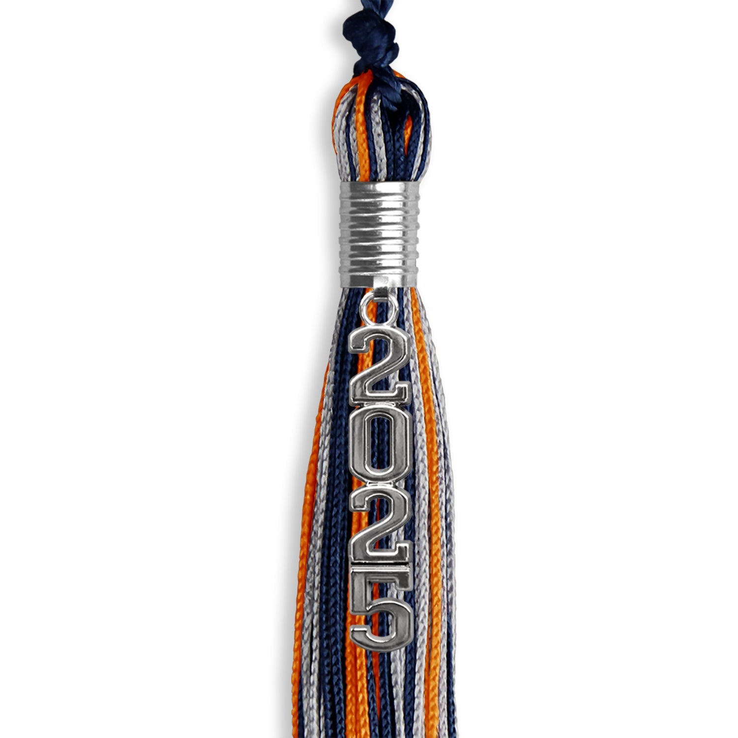 Navy Blue/Orange/Silver Mixed Color Graduation Tassel with Silver Stacked Date Drop - Endea Graduation