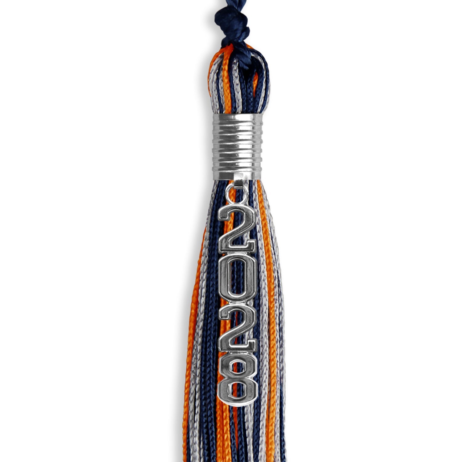 Navy Blue/Orange/Silver Mixed Color Graduation Tassel with Silver Stacked Date Drop - Endea Graduation