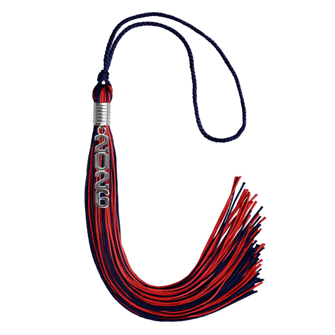 Navy Blue/Red Mixed Color Graduation Tassel with Stacked Silver Date Drop - Endea Graduation