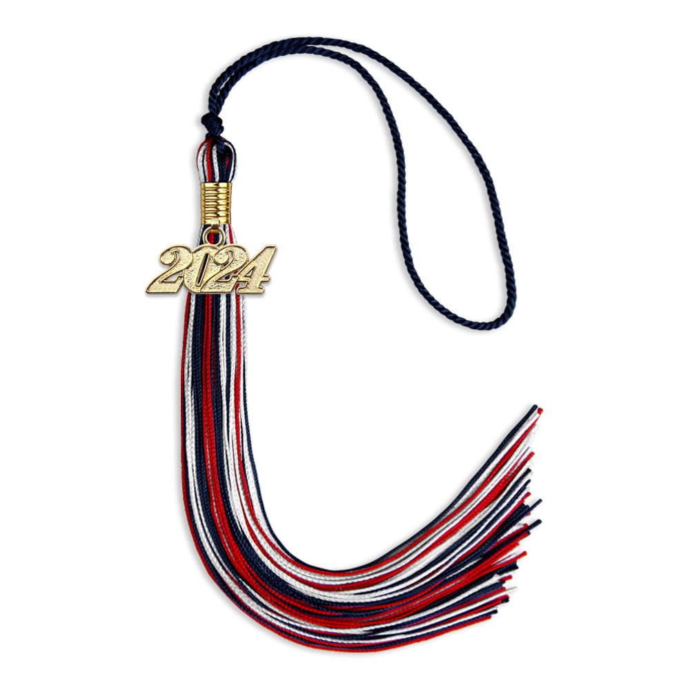 Navy Blue/Red/White Mixed Color Graduation Tassel with Gold Date Drop - Endea Graduation