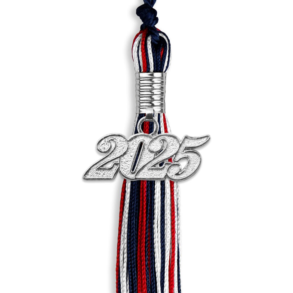 Navy Blue/Red/White Mixed Color Graduation Tassel with Silver Date Drop - Endea Graduation