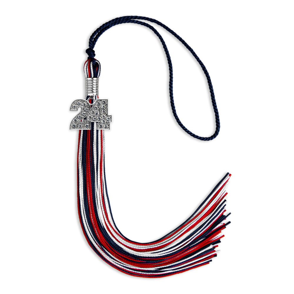 Navy Blue/Red/White Mixed Color Graduation Tassel with Silver Date Drop - Endea Graduation