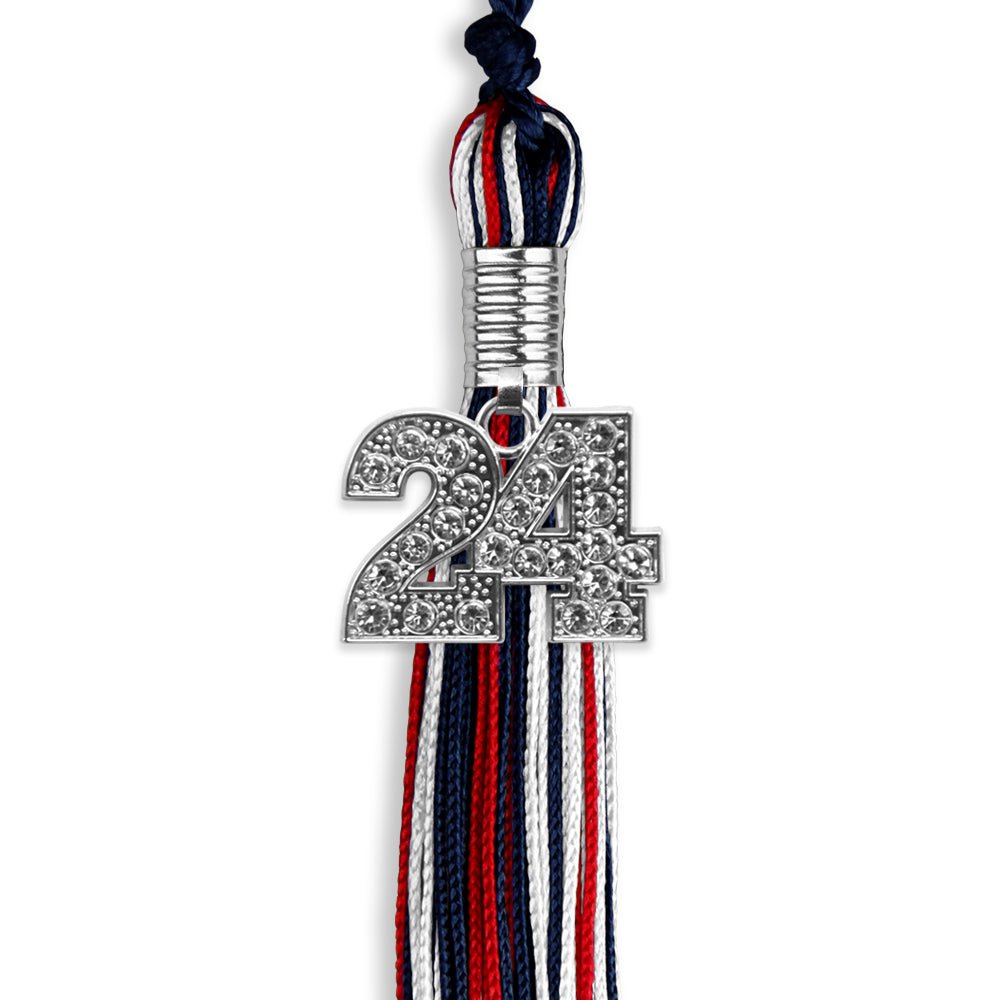 Navy Blue/Red/White Mixed Color Graduation Tassel with Silver Date Drop - Endea Graduation