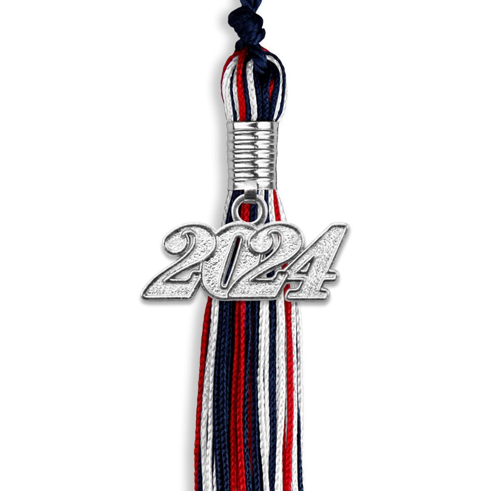 Navy Blue/Red/White Mixed Color Graduation Tassel with Silver Date Drop - Endea Graduation