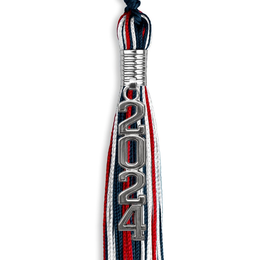 Navy Blue/Red/White Mixed Color Graduation Tassel with Silver Stacked Date Drop - Endea Graduation