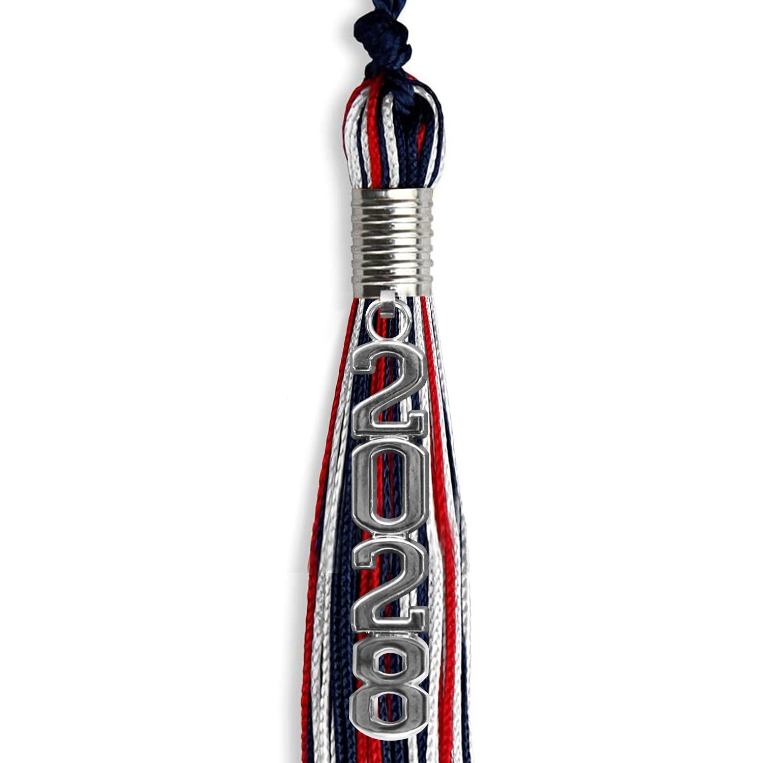 Navy Blue/Red/White Mixed Color Graduation Tassel with Silver Stacked Date Drop - Endea Graduation