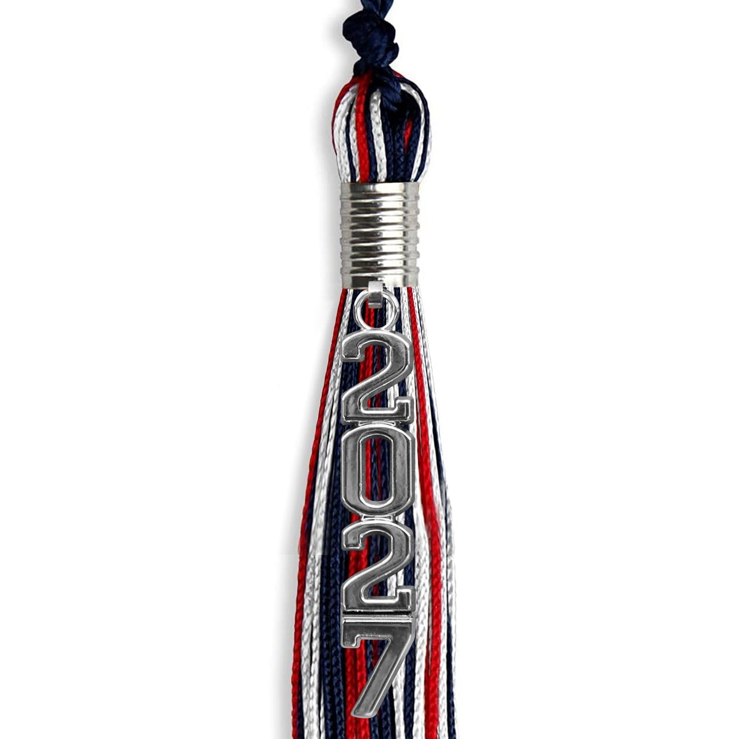 Navy Blue/Red/White Mixed Color Graduation Tassel with Silver Stacked Date Drop - Endea Graduation