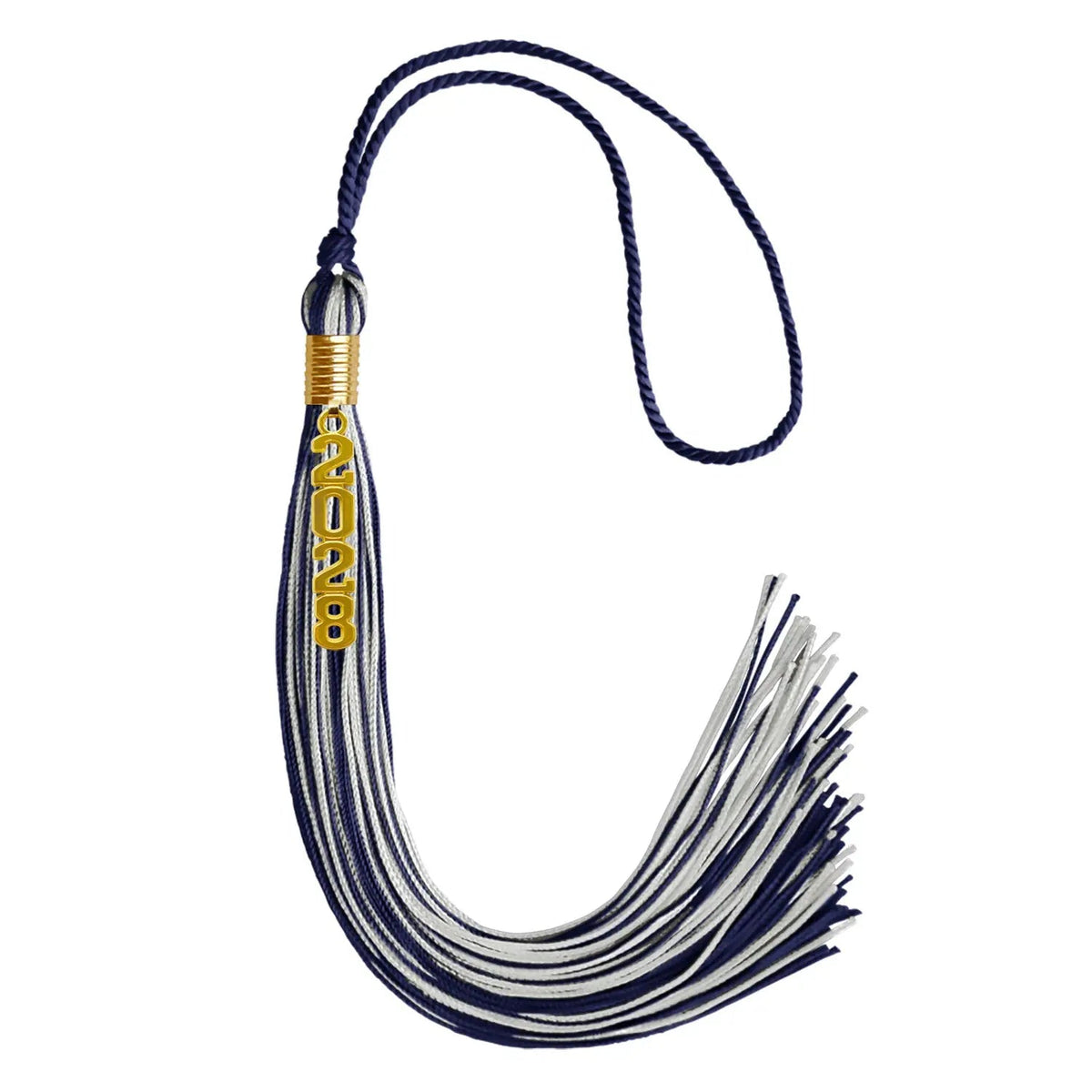 Navy Blue/Silver Mixed Color Graduation Tassel with Gold Stacked Date Drop - Endea Graduation
