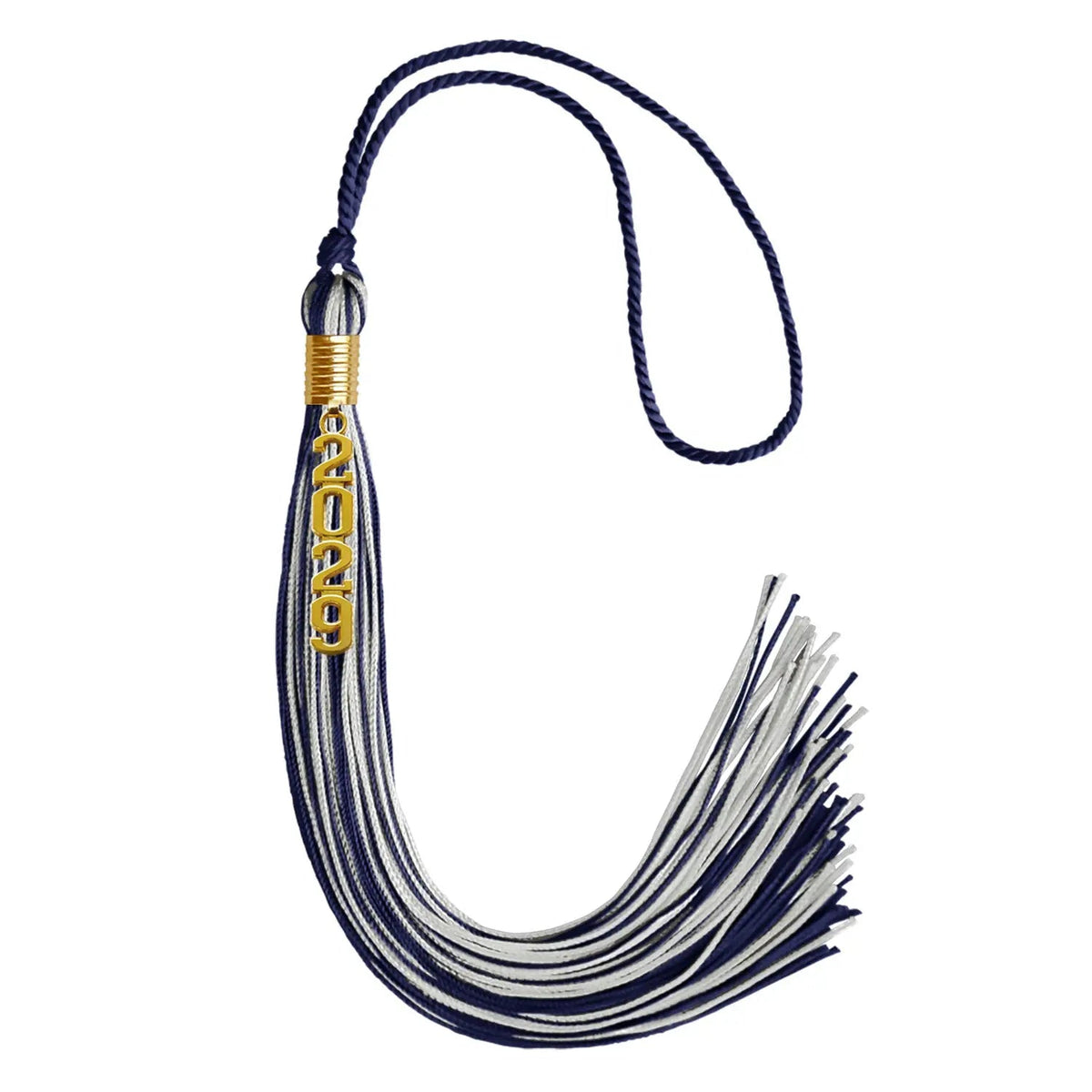 Navy Blue/Silver Mixed Color Graduation Tassel with Gold Stacked Date Drop - Endea Graduation