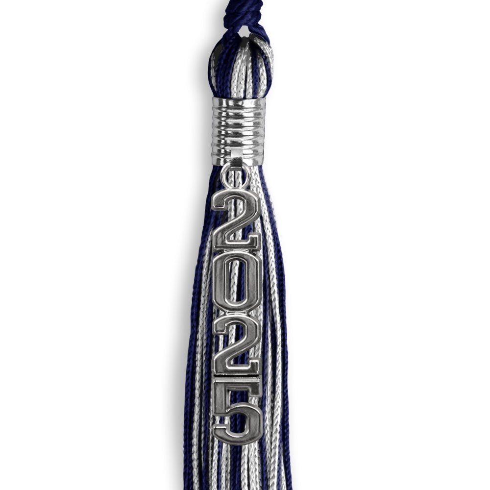 Navy Blue/Silver Mixed Color Graduation Tassel with Stacked Silver Date Drop - Endea Graduation