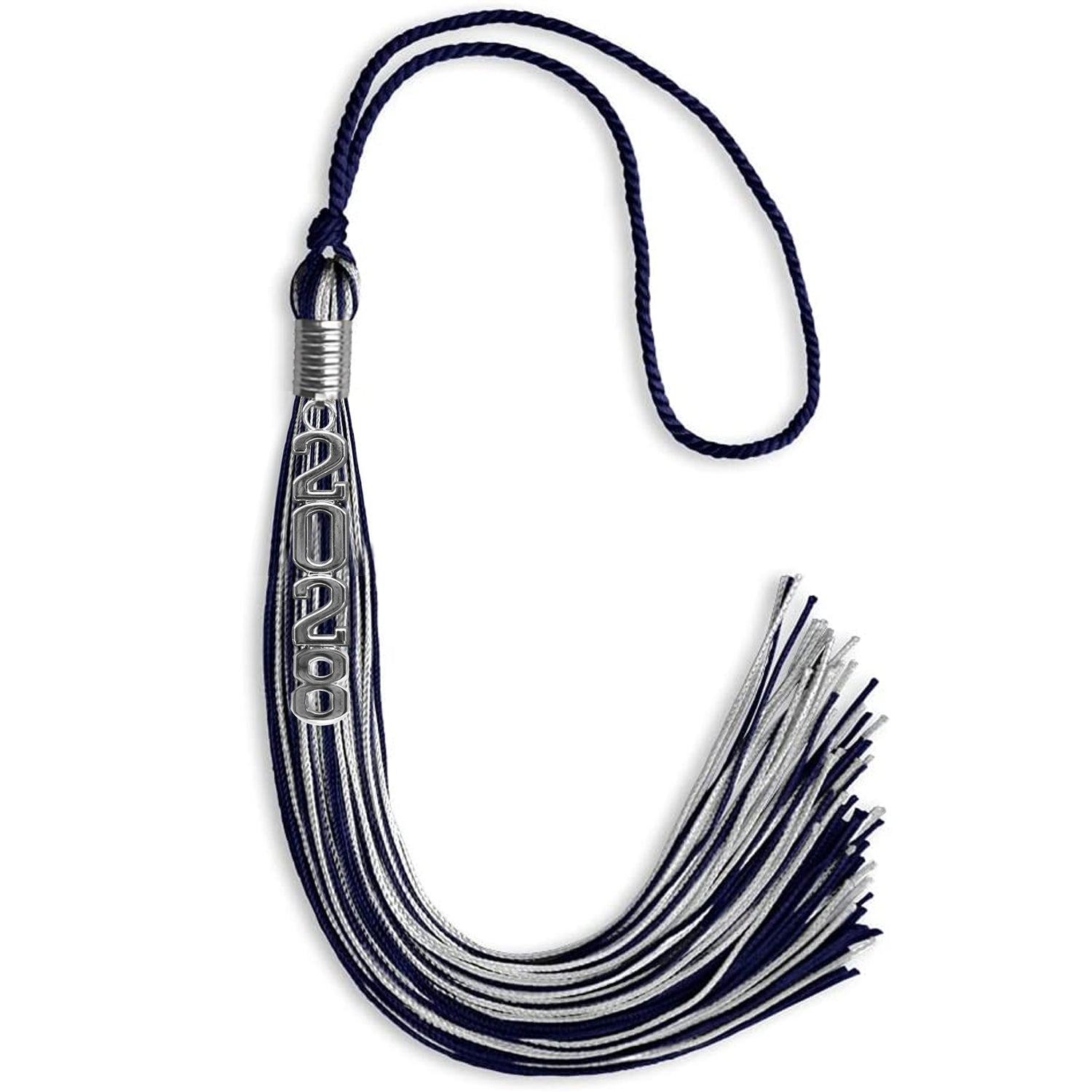 Navy Blue/Silver Mixed Color Graduation Tassel with Stacked Silver Date Drop - Endea Graduation