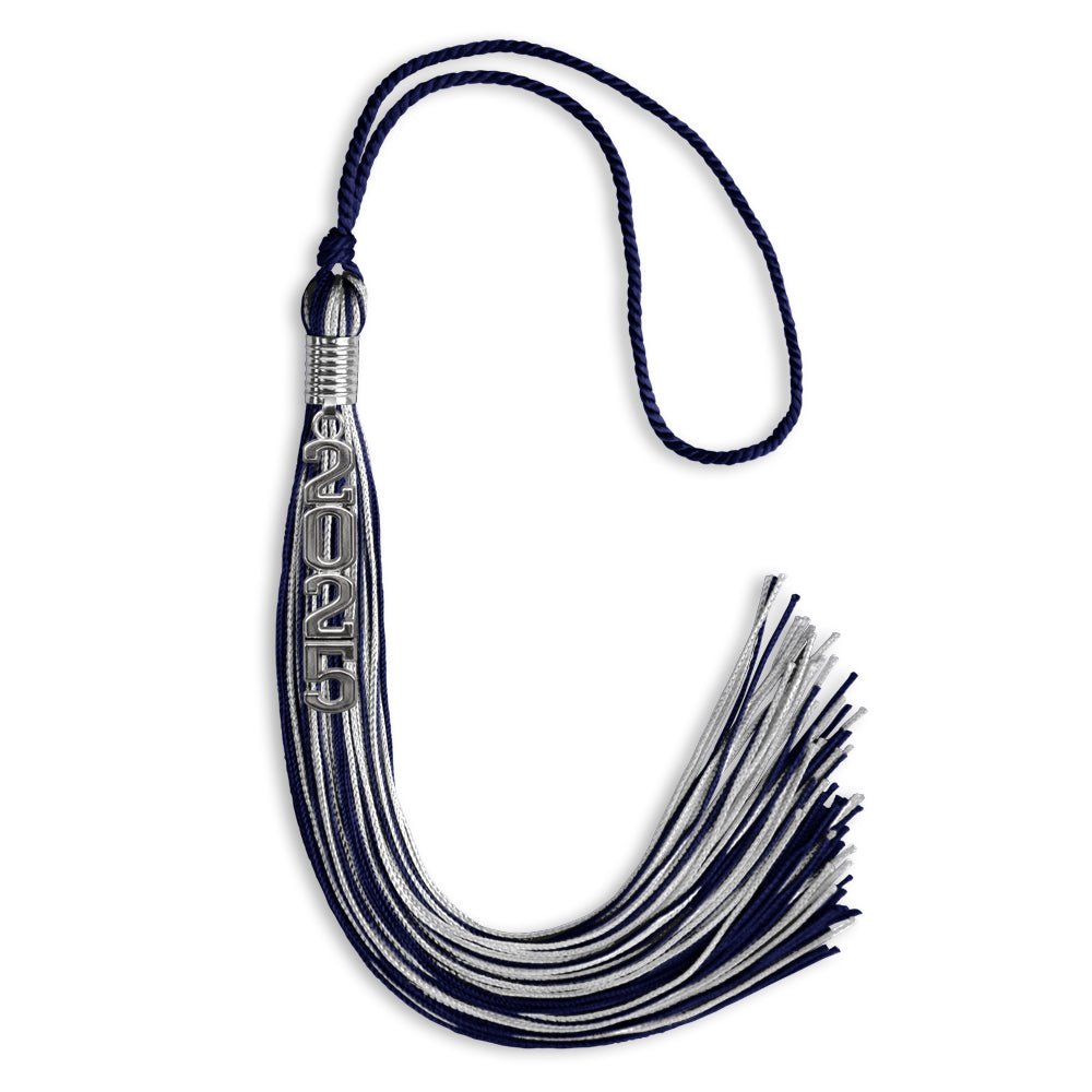 Navy Blue/Silver Mixed Color Graduation Tassel with Stacked Silver Date Drop - Endea Graduation