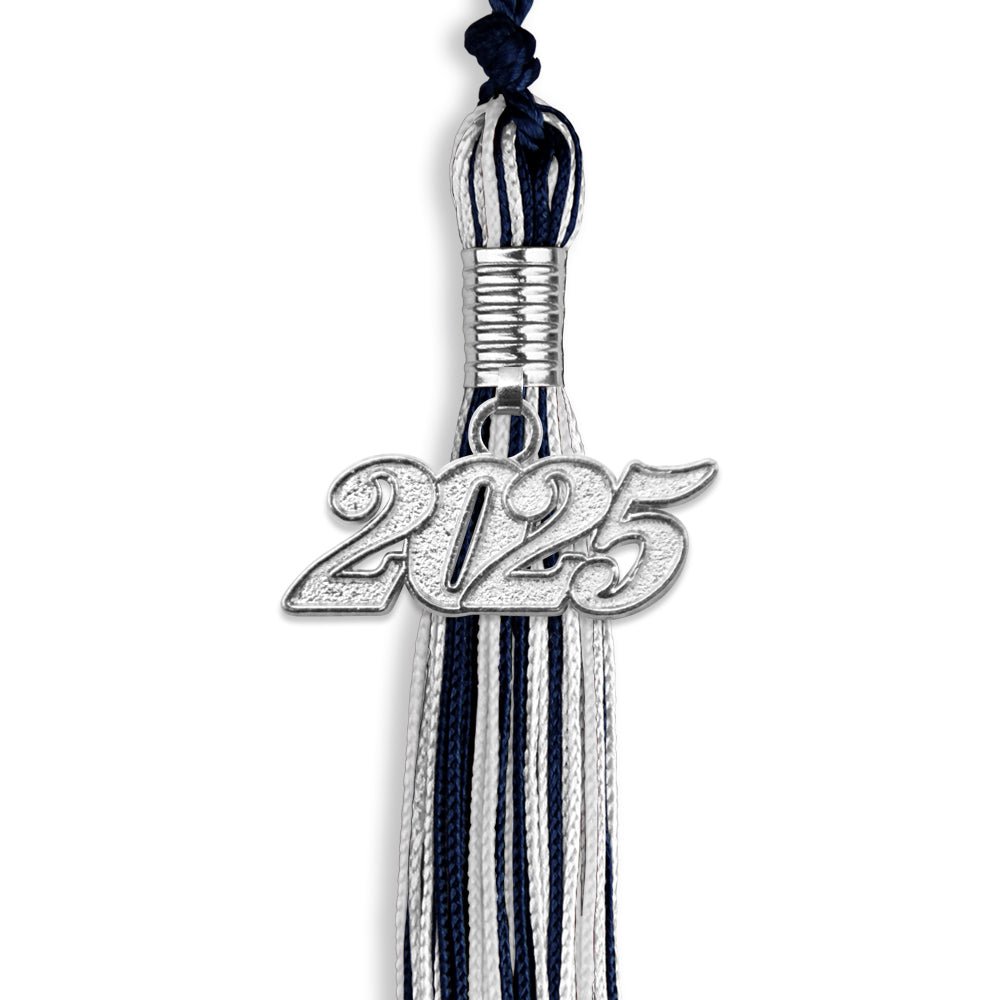 Navy Blue/Silver/White Mixed Color Graduation Tassel with Silver Date Drop - Endea Graduation