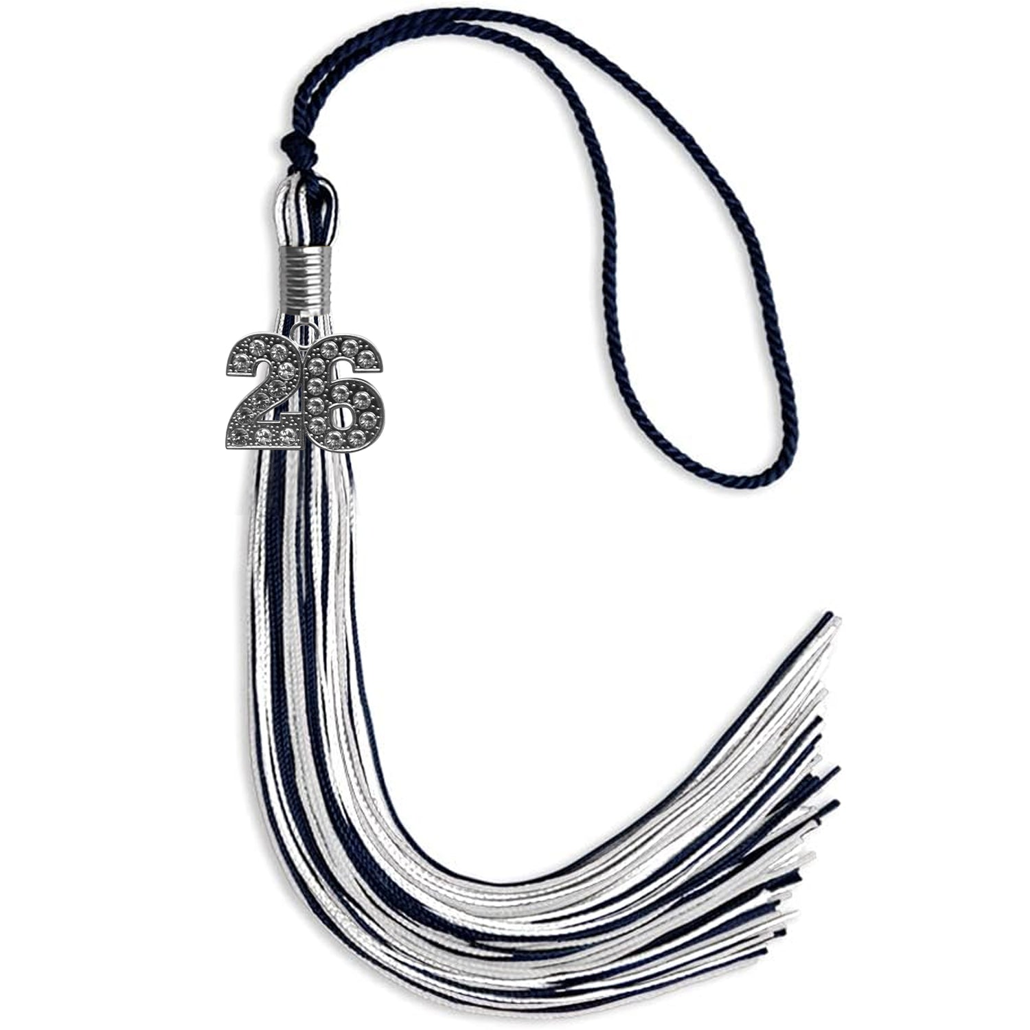 Navy Blue/Silver/White Mixed Color Graduation Tassel with Silver Date Drop - Endea Graduation