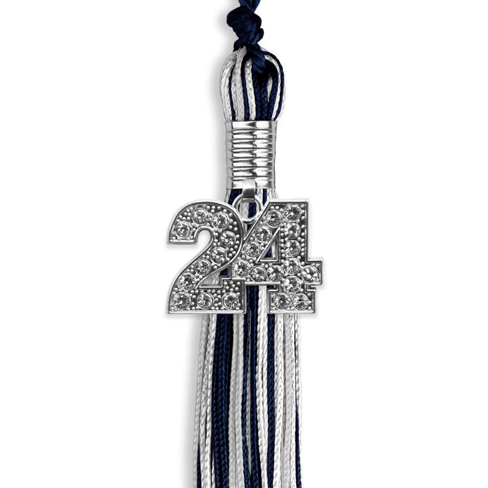 Navy Blue/Silver/White Mixed Color Graduation Tassel with Silver Date Drop - Endea Graduation