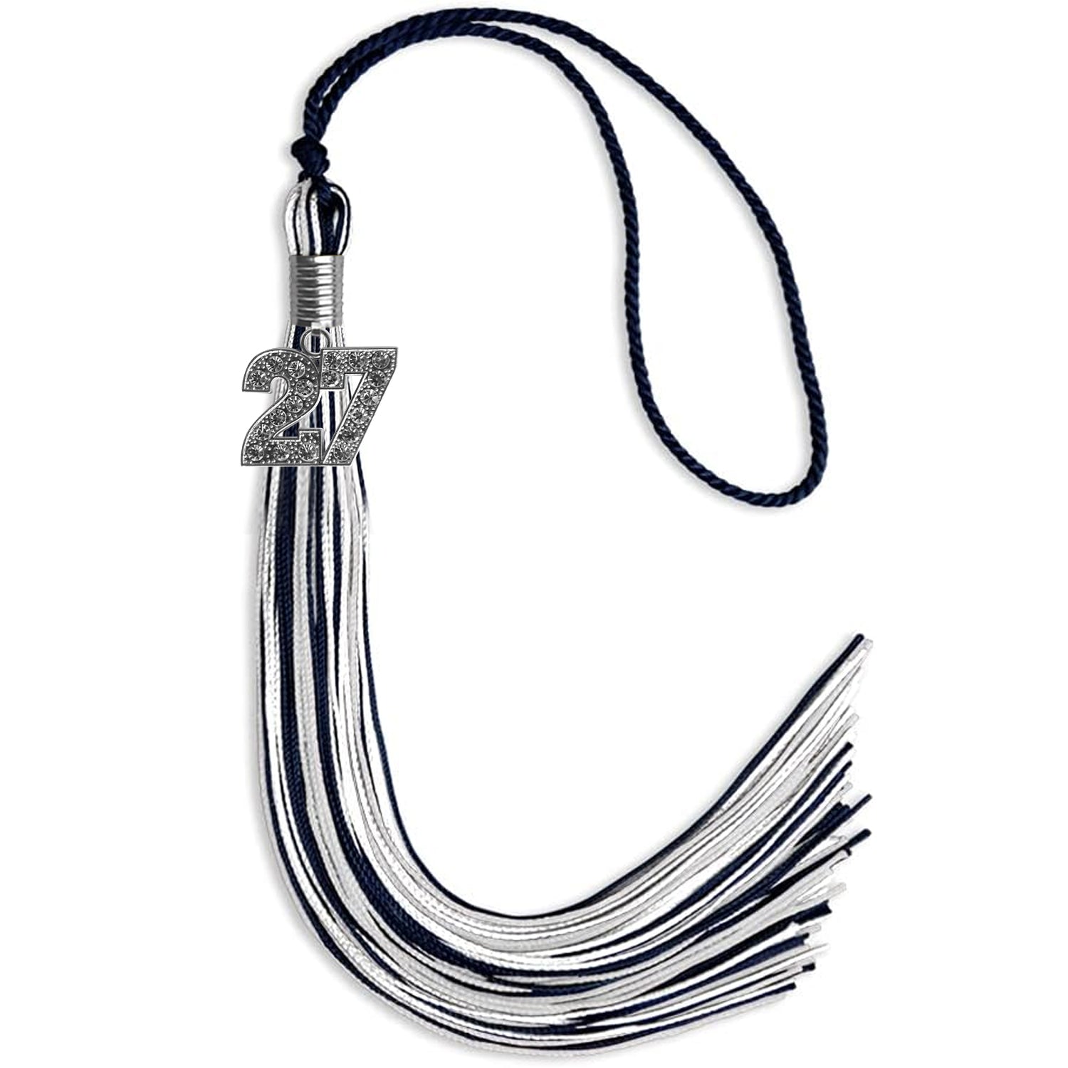 Navy Blue/Silver/White Mixed Color Graduation Tassel with Silver Date Drop - Endea Graduation