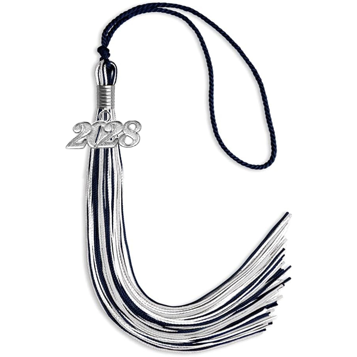 Navy Blue/Silver/White Mixed Color Graduation Tassel with Silver Date Drop - Endea Graduation