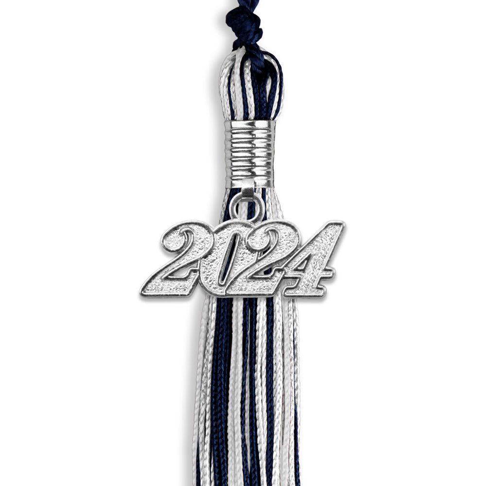 Navy Blue/Silver/White Mixed Color Graduation Tassel with Silver Date Drop - Endea Graduation