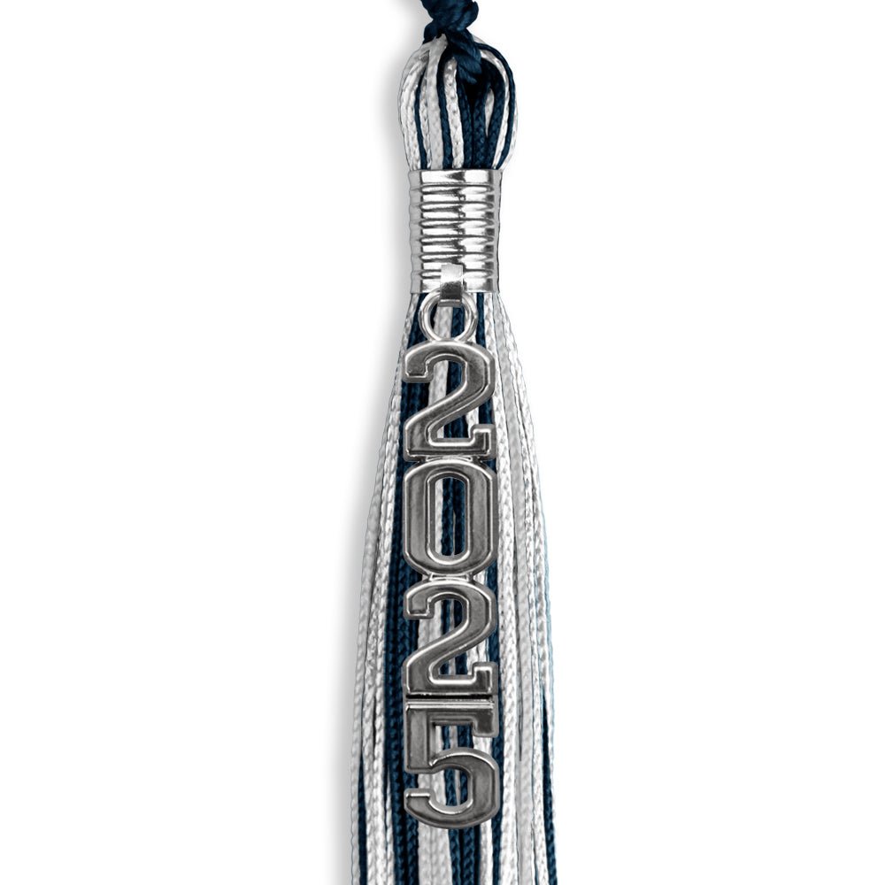 Navy Blue/Silver/White Mixed Color Graduation Tassel with Silver Stacked Date Drop - Endea Graduation