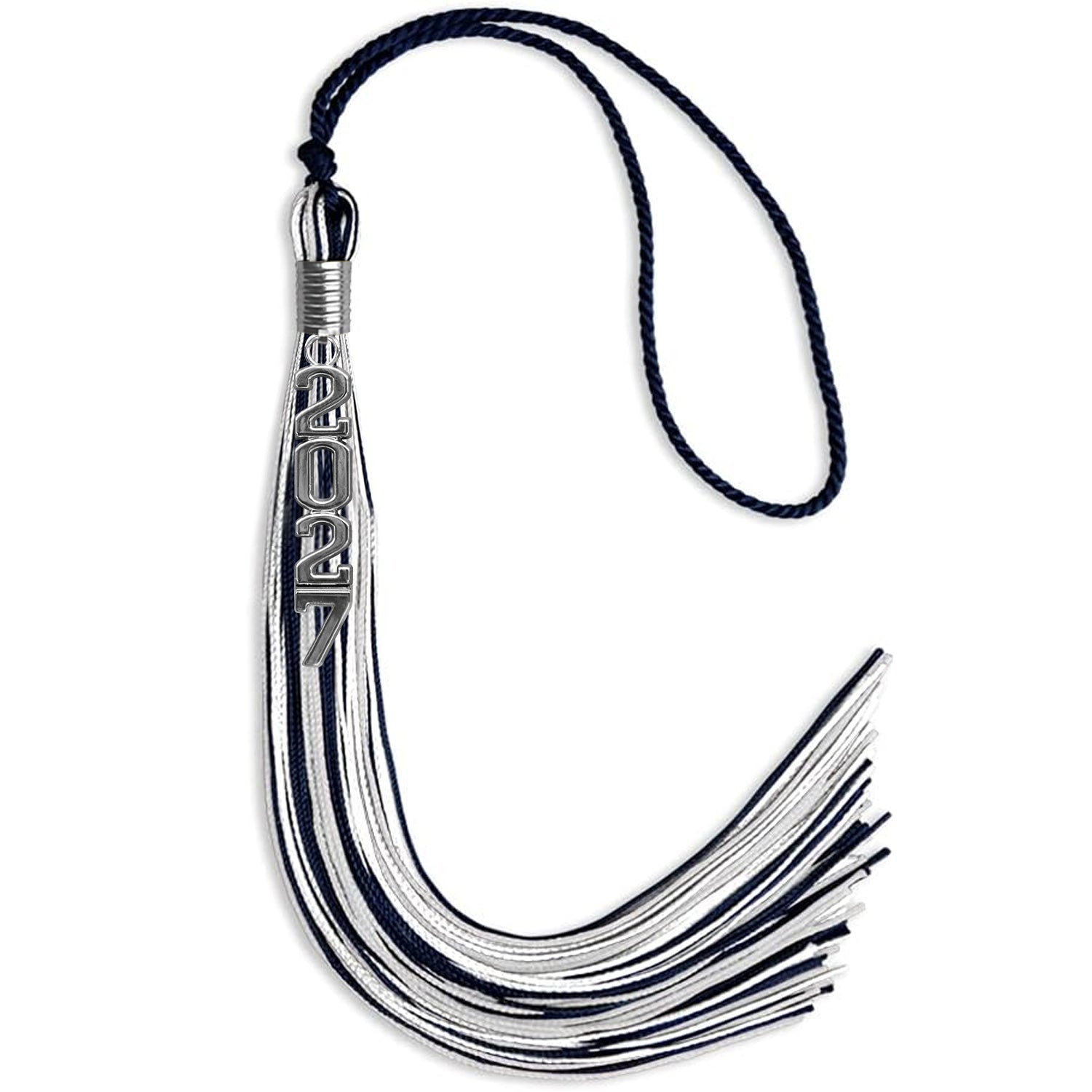 Navy Blue/Silver/White Mixed Color Graduation Tassel with Silver Stacked Date Drop - Endea Graduation