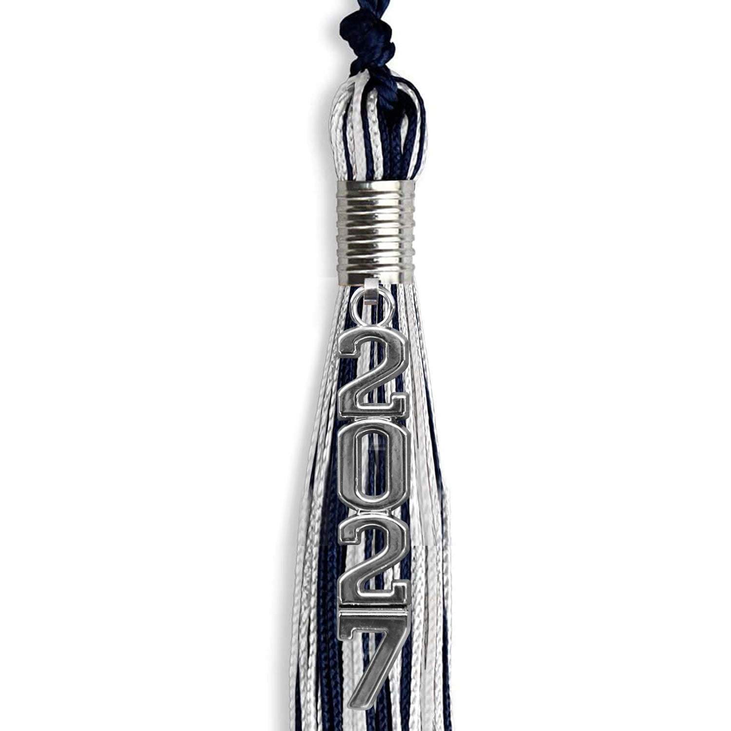 Navy Blue/Silver/White Mixed Color Graduation Tassel with Silver Stacked Date Drop - Endea Graduation