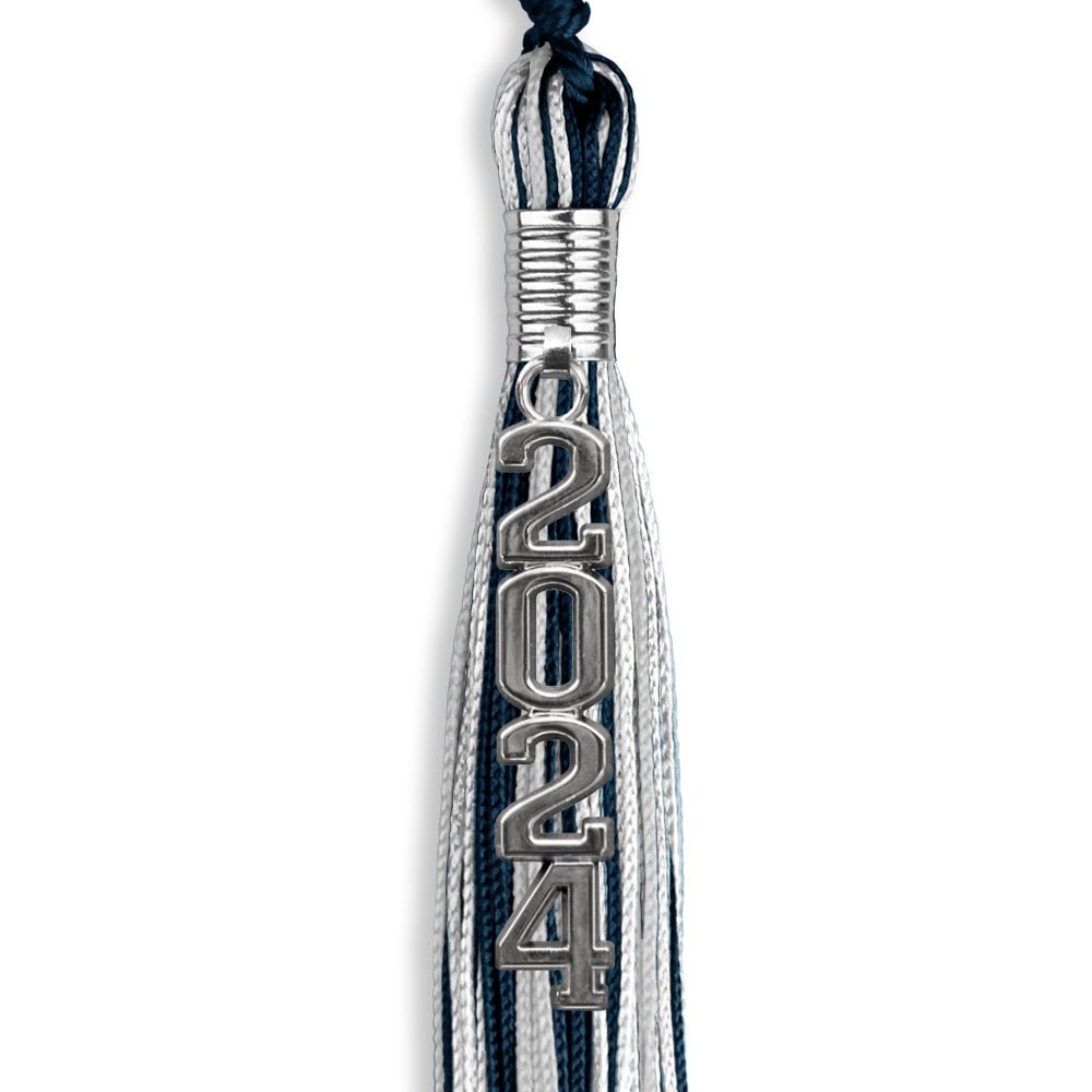 Navy Blue/Silver/White Mixed Color Graduation Tassel with Silver Stacked Date Drop - Endea Graduation