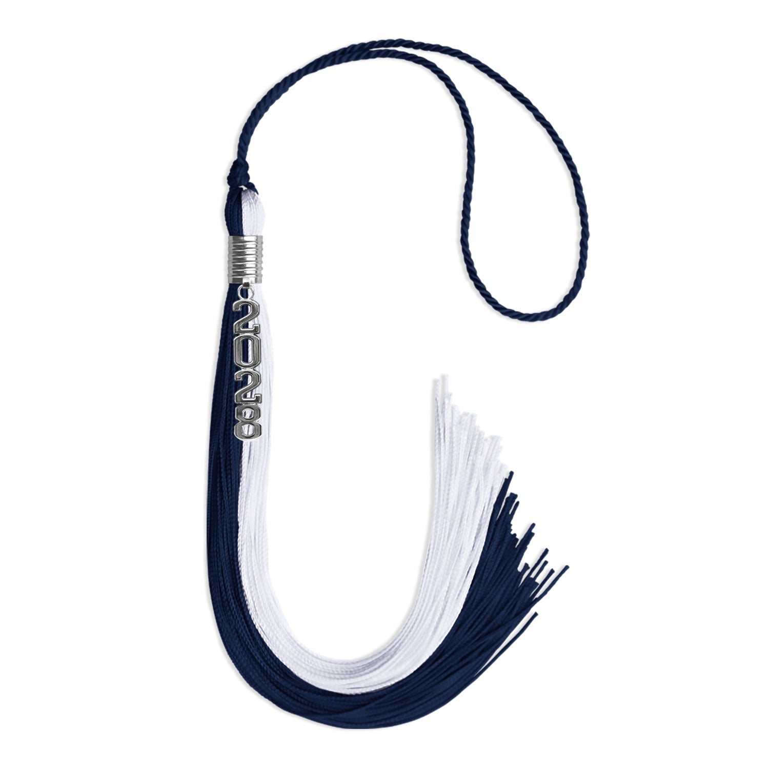 Navy Blue/White Graduation Tassel with Silver Stacked Date Drop - Endea Graduation