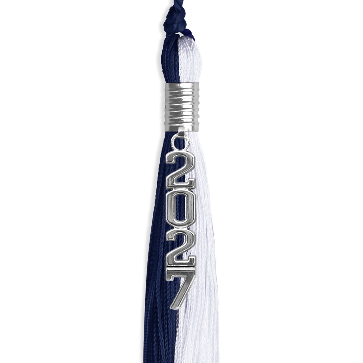 Navy Blue/White Graduation Tassel with Silver Stacked Date Drop - Endea Graduation