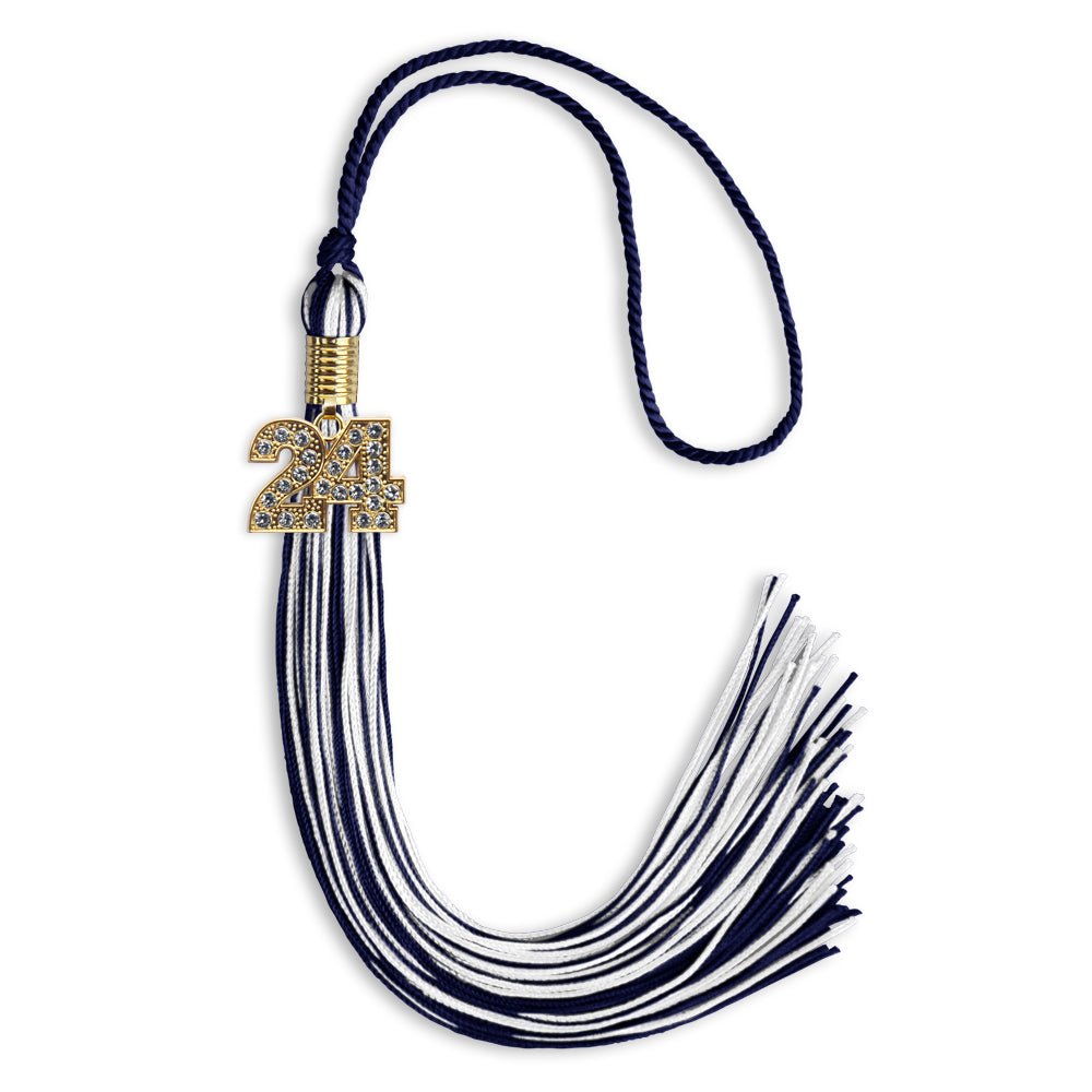 Navy Blue/White Mixed Color Graduation Tassel with Gold Date Drop - Endea Graduation