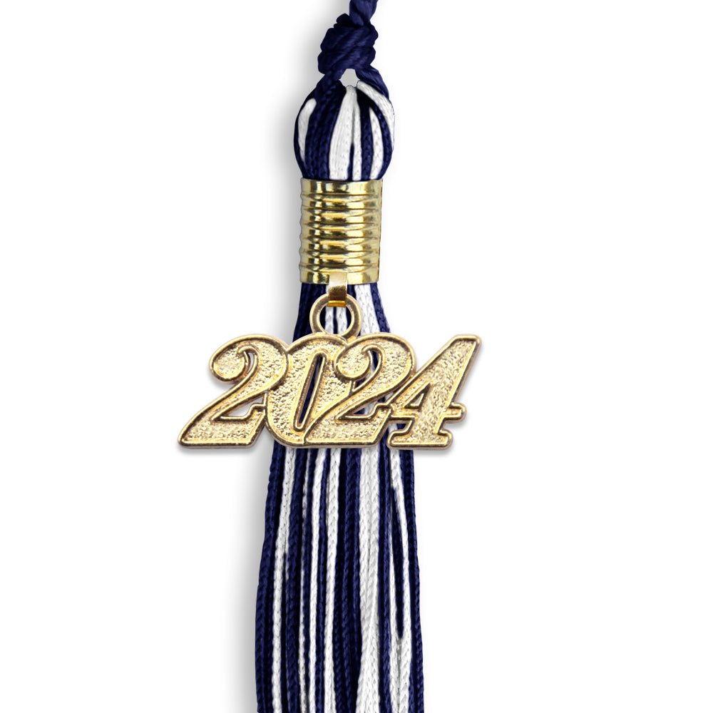 Navy Blue/White Mixed Color Graduation Tassel with Gold Date Drop - Endea Graduation