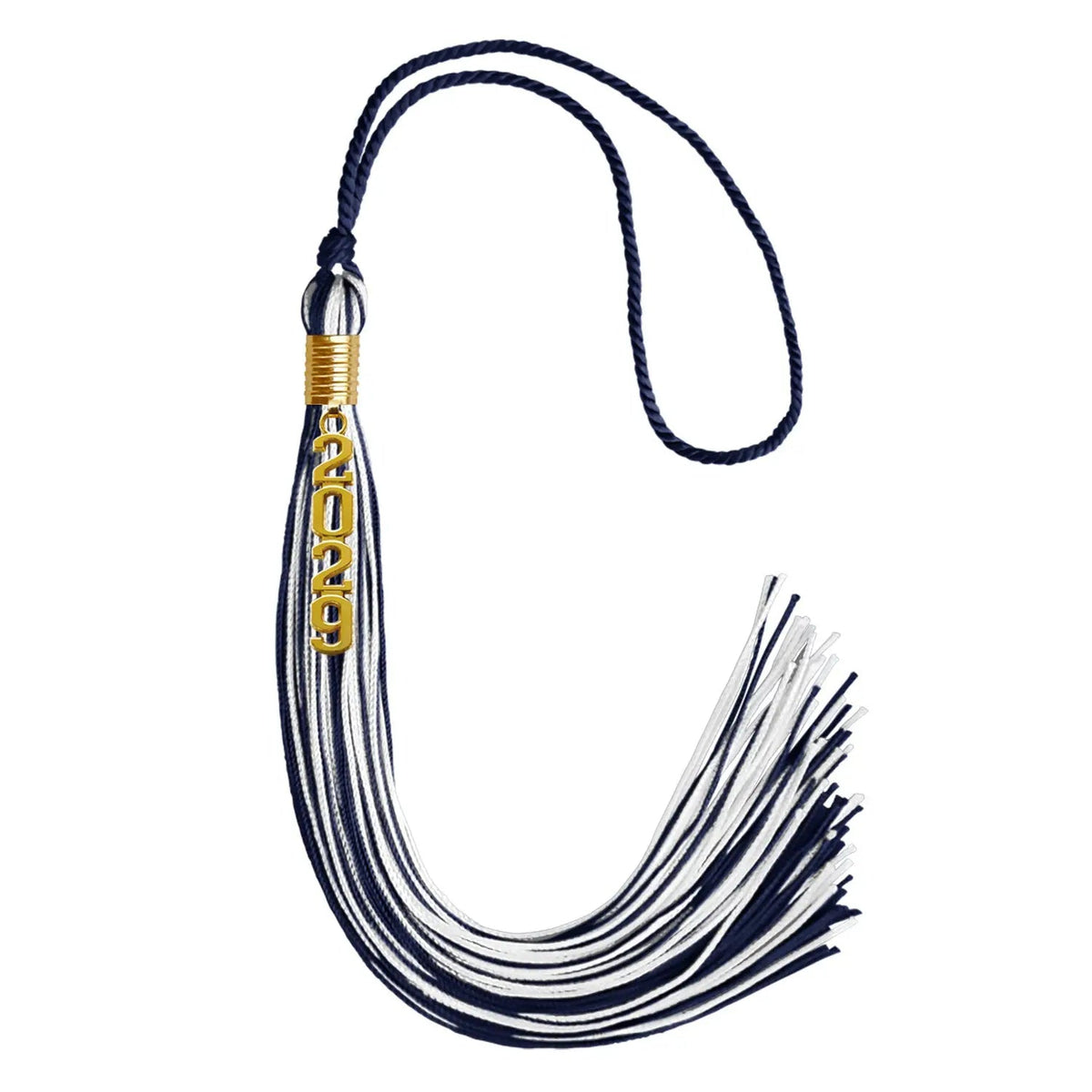 Navy Blue/White Mixed Color Graduation Tassel with Gold Stacked Date Drop - Endea Graduation