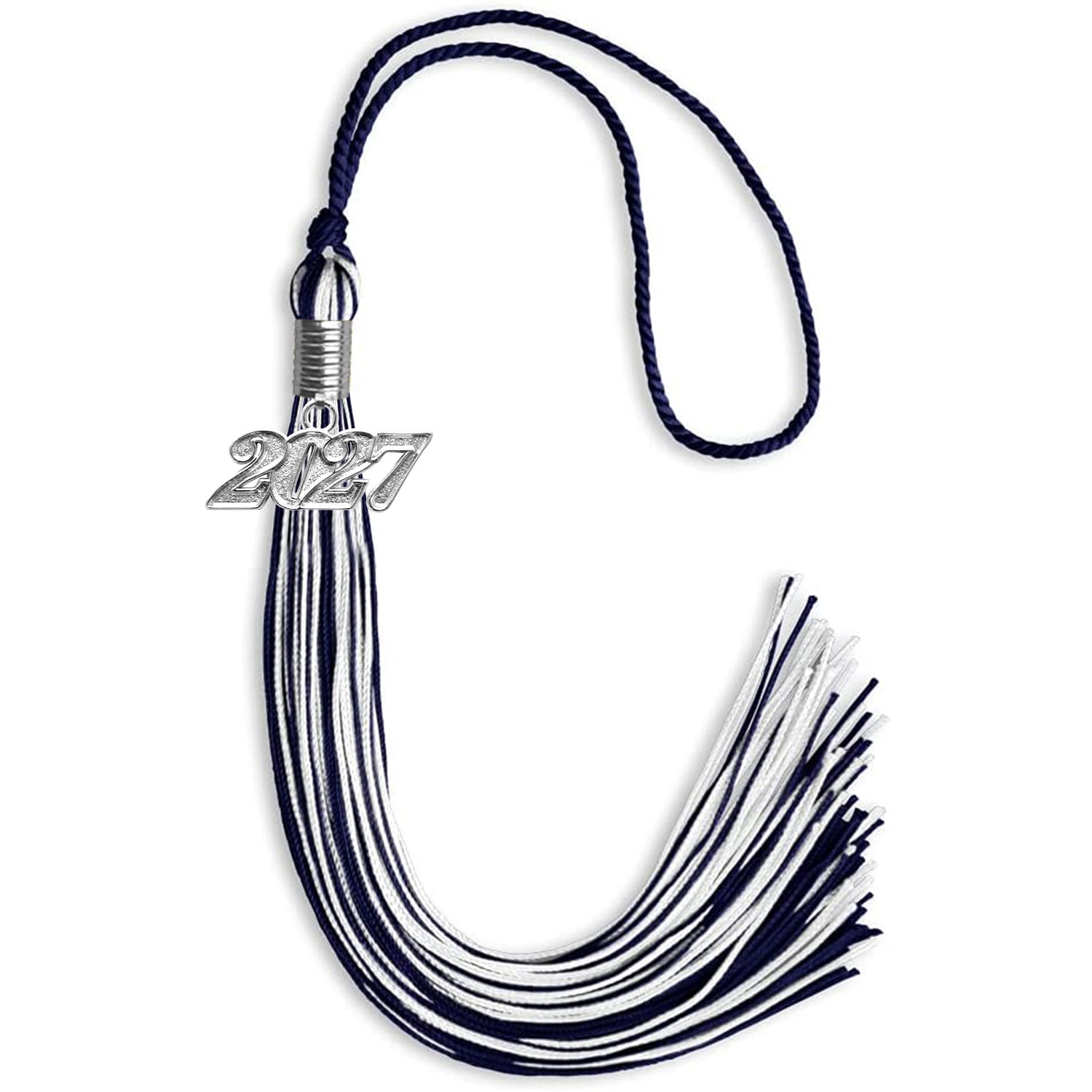 Navy Blue/White Mixed Color Graduation Tassel with Silver Date Drop - Endea Graduation