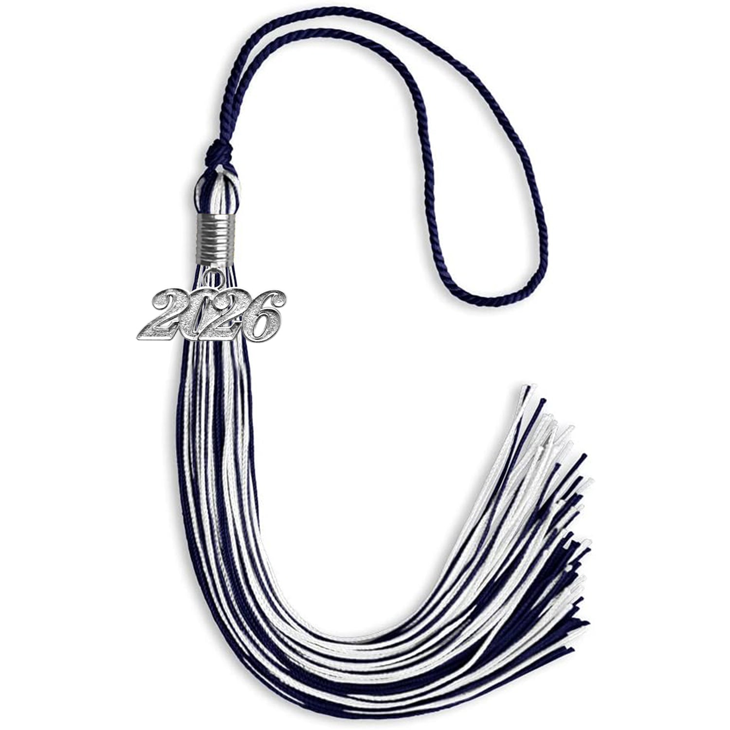 Navy Blue/White Mixed Color Graduation Tassel with Silver Date Drop - Endea Graduation